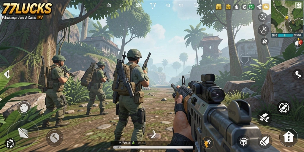 Tampilan gameplay seru dalam <strong>77LUCKS</strong> dengan aksi tembak-menembak yang intens.