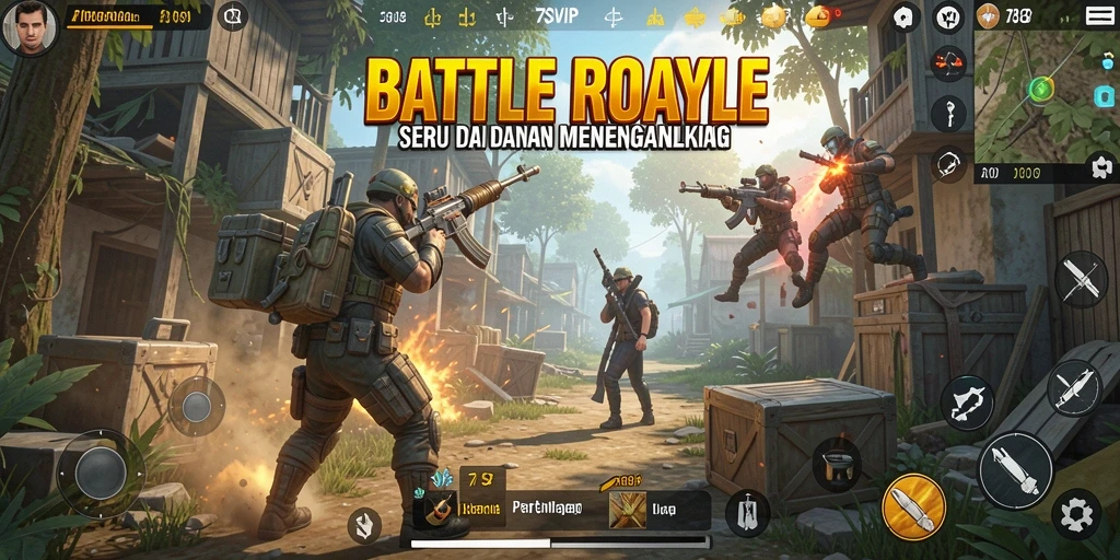Screenshot gameplay 7SVIP dengan aksi pertempuran Battle Royale yang mendebarkan.