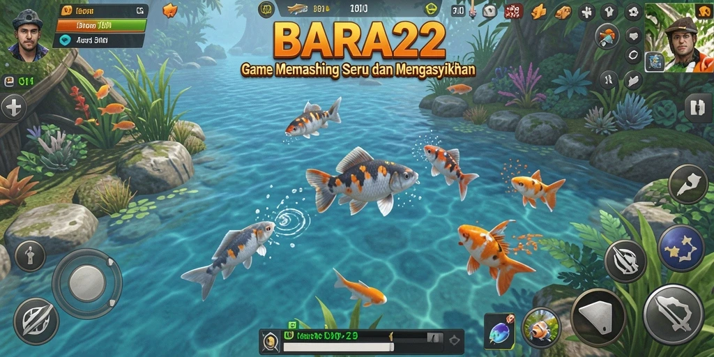 Tampilan gameplay BARA22 yang menarik saat memancing di perairan indah.
