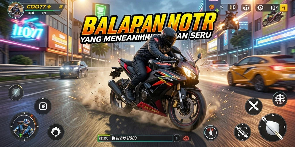 Screenshot utama COO77 menampilkan aksi balapan motor yang mendebarkan.