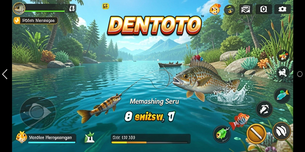 Screenshot gameplay DENTOTO menampilkan aksi memancing yang menarik.