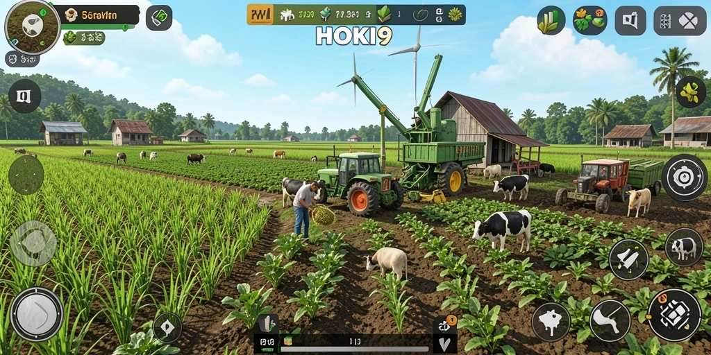 Screenshot HOKI9 menampilkan petani yang bekerja di kebun dengan suasana yang cerah.