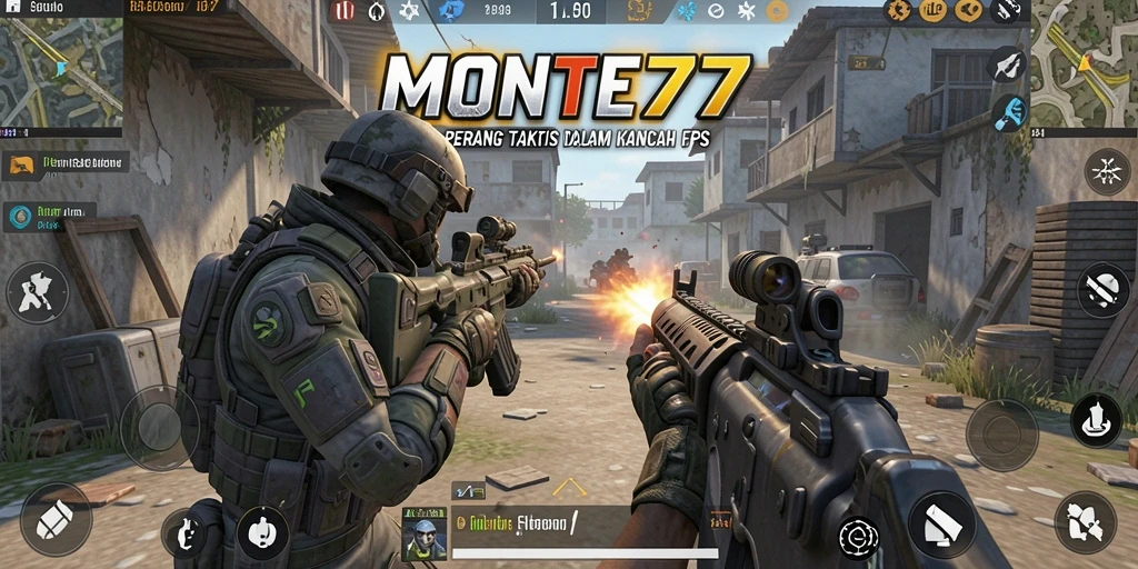 Screenshot aksi intens dari gameplay MONTE77 di mode FPS.