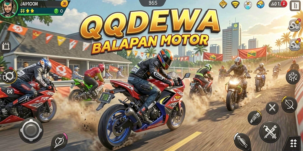 Screenshot gameplay QQDEWA menampilkan aksi balapan motor yang mendebarkan.