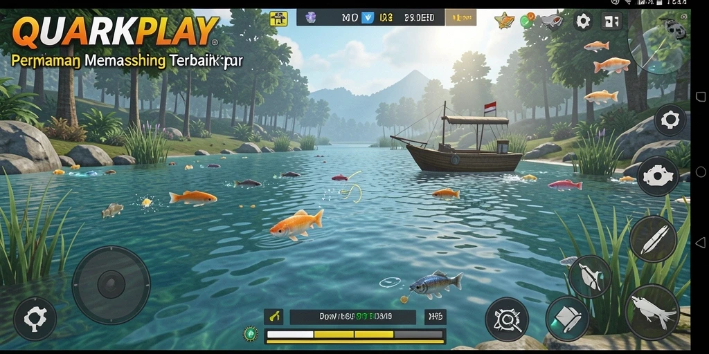 Screenshot menunjukkan aksi memancing seru di QUARKPLAY.