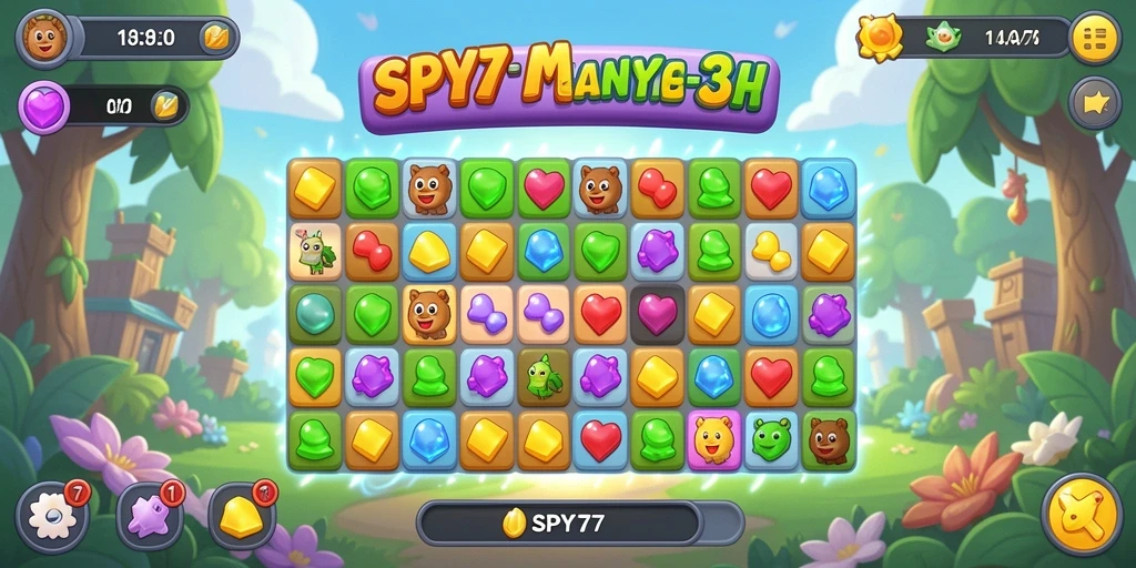Screenshot gameplay SPY77 menampilkan kombinasi warna-warni dalam puzzle Match-3.