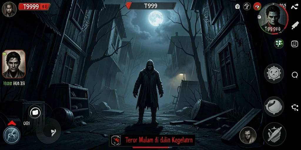 Tampilan gameplay menakutkan dalam T9999 dengan suasana mencekam.