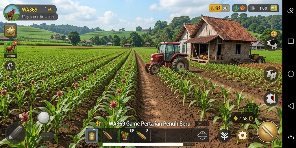 Screenshot gameplay WA369 menunjukkan pertanian yang rimbun dan aktif.